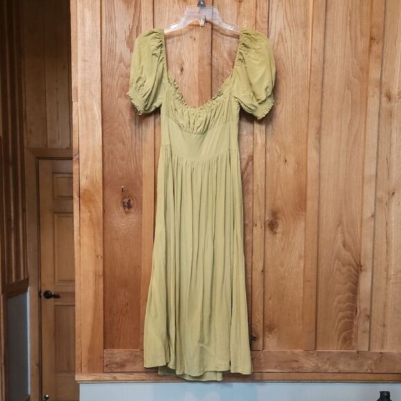 Lulus Puff Short Sleeve Bustier Peasant Bohemian Midi Dress, XS, Light Green - Picture 5 of 11